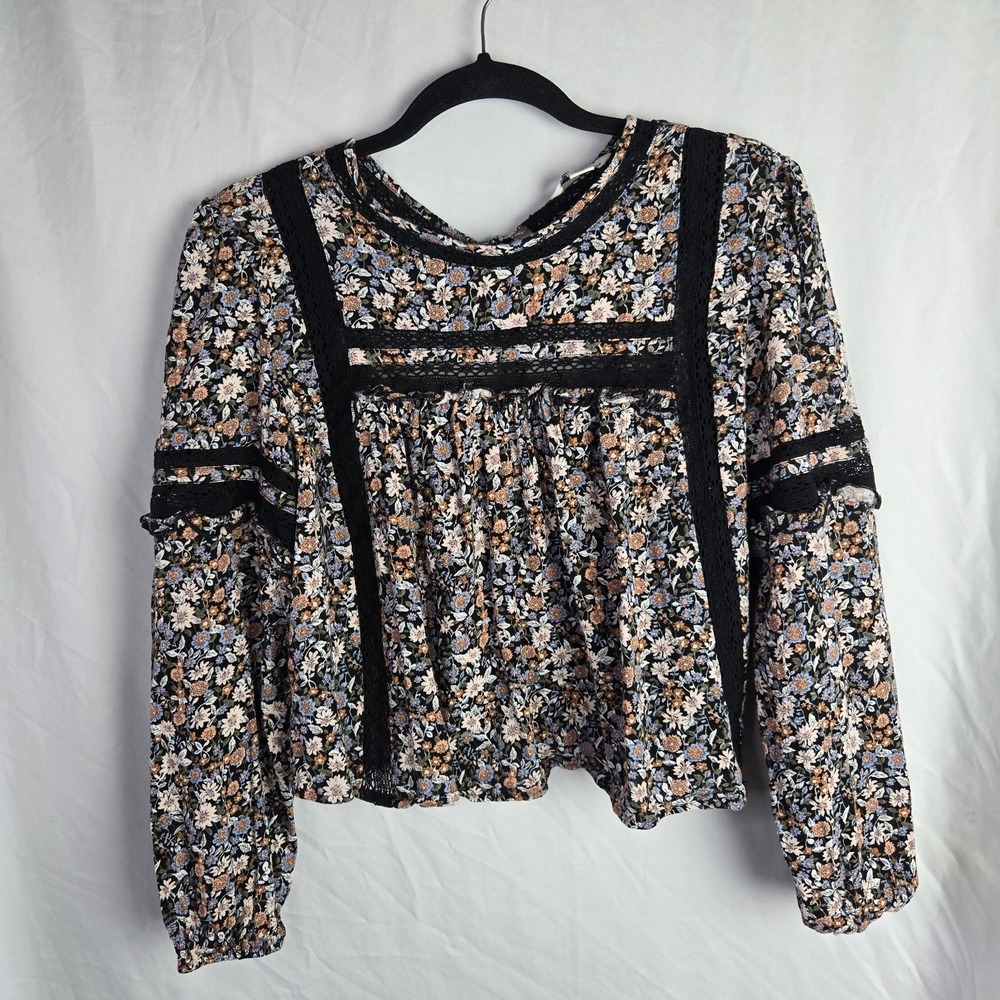 American Eagle Medium Babydoll Floral Lace Trim Crop Peasant Boho Whimsigoth